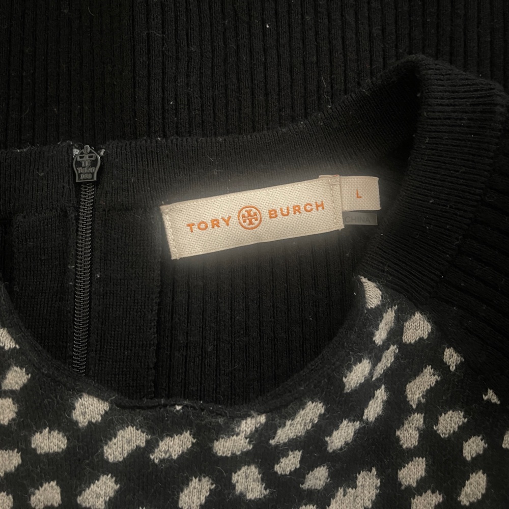 Tory Burch Gemma Sweater Dress Polka Dot Merino Wool Leopard Black White Size L - Picture 11 of 12